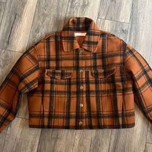 ASTR rust, burnt orange, black, gray wool blend cropped plaid coat.